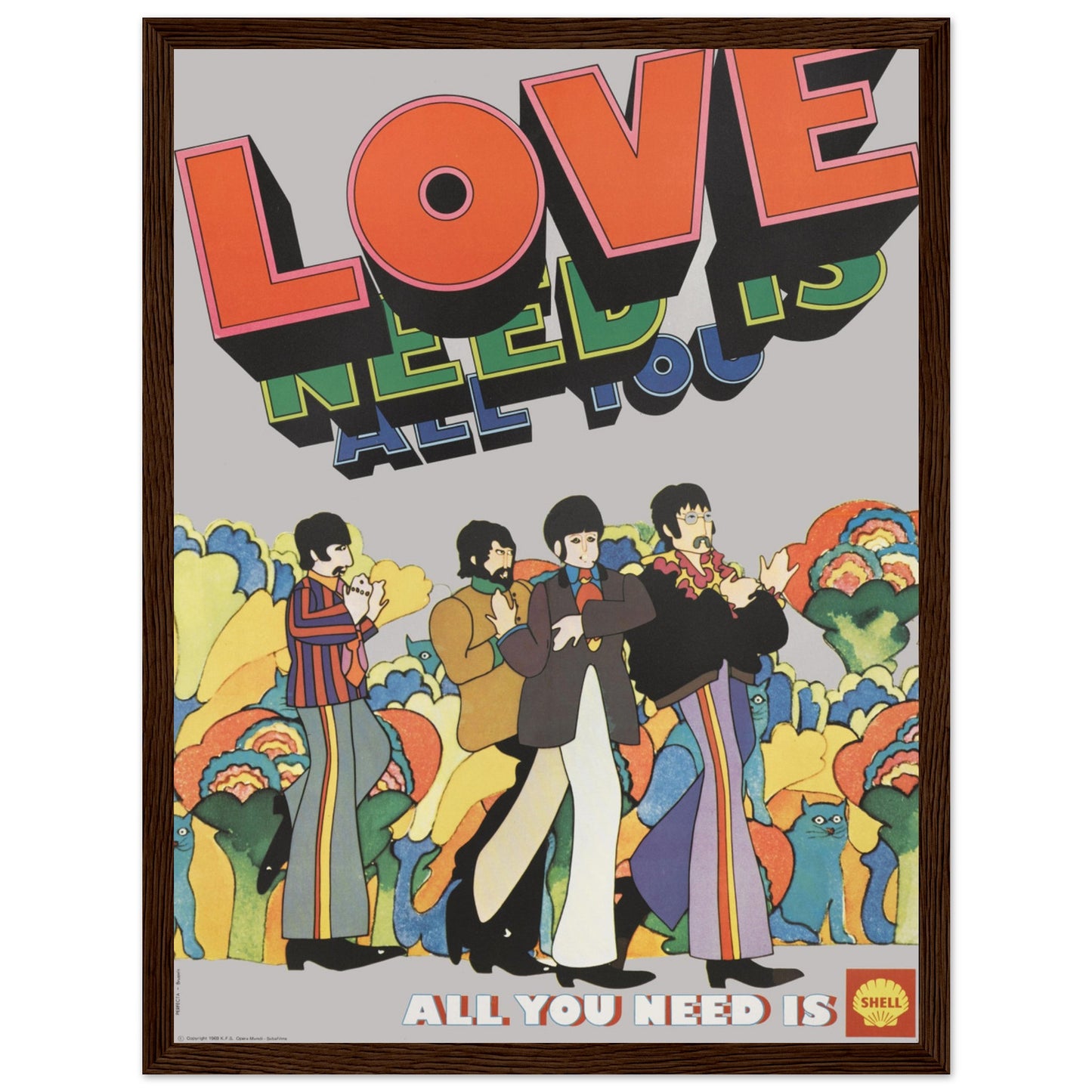 1960s Beatles psychedelic art poster — vibrant vintage illustration of the band with “All You Need Is Love” typography.