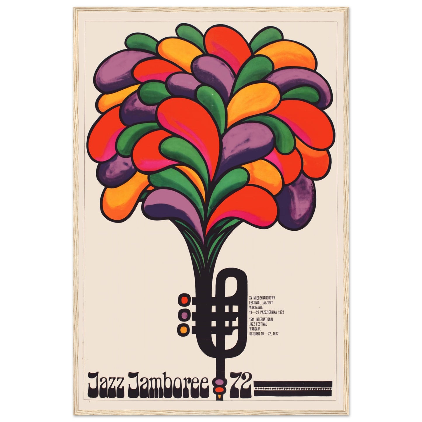 1970s jazz poster featuring bold color palette, abstract illustration, and retro typography — stylish wall art decor.