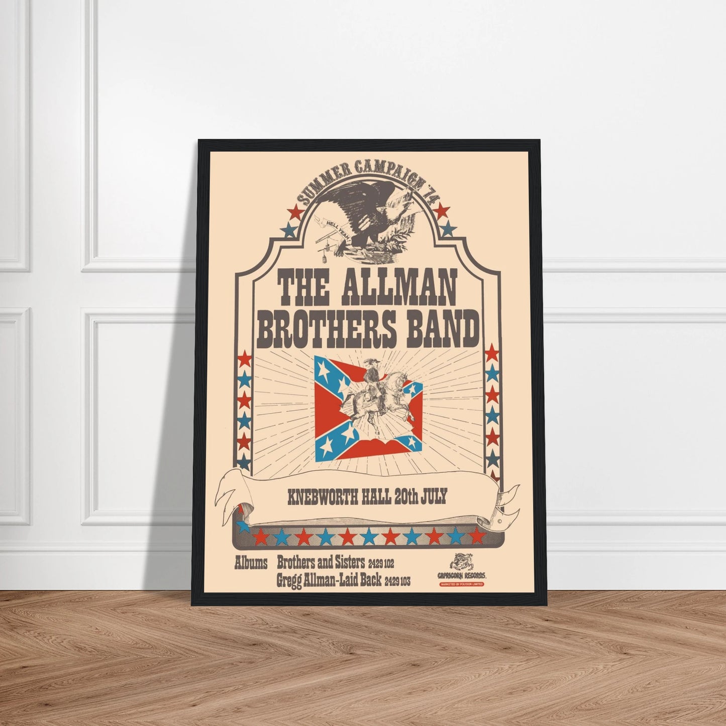 This Allman Brothers Band concert poster features bold vintage design elements associated with the early era of Southern rock, including the Confederate flag, reflecting the band’s historical branding. While the symbol is controversial today, it once formed part of the band’s iconography during the 60s and 70s music scene. This retro-style poster is a piece of rock history, appealing to fans of the Allman Brothers, Southern rock collectors, and those documenting the cultural legacy of American music. Displa