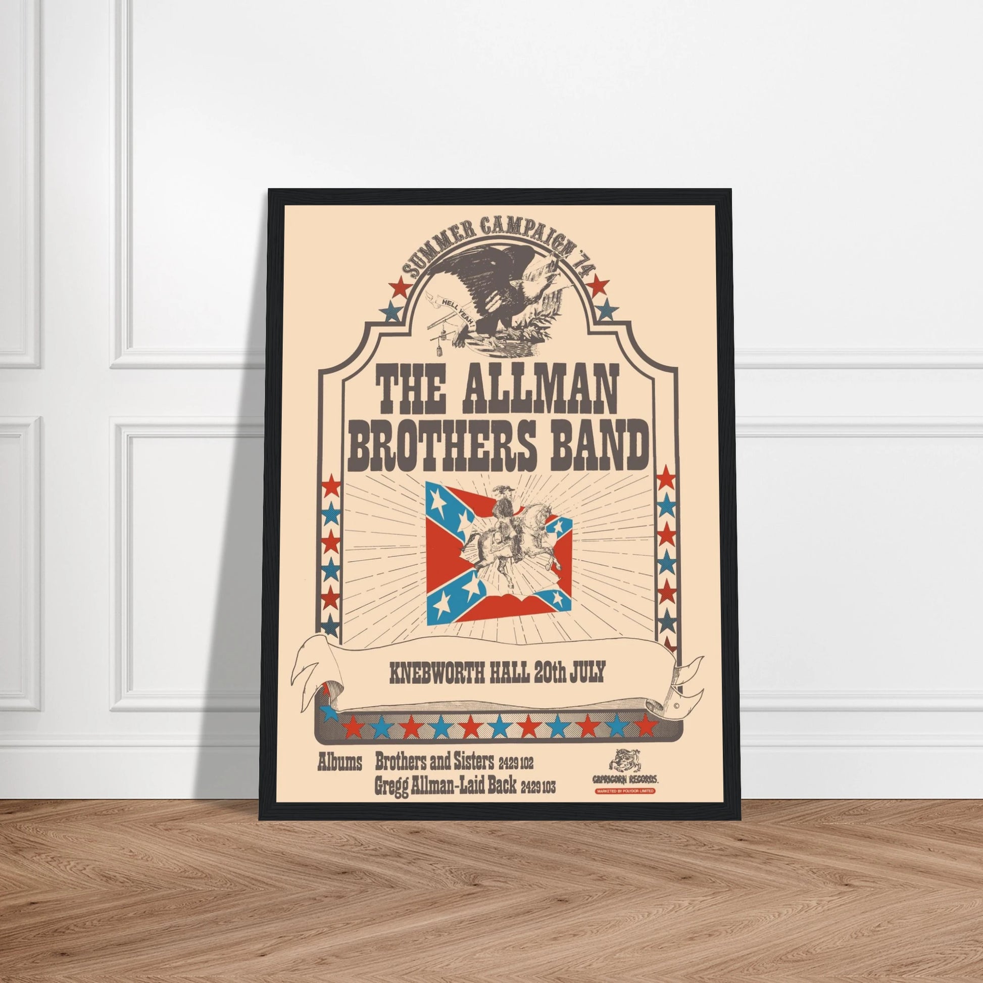This Allman Brothers Band concert poster features bold vintage design elements associated with the early era of Southern rock, including the Confederate flag, reflecting the band’s historical branding. While the symbol is controversial today, it once formed part of the band’s iconography during the 60s and 70s music scene. This retro-style poster is a piece of rock history, appealing to fans of the Allman Brothers, Southern rock collectors, and those documenting the cultural legacy of American music. Displa