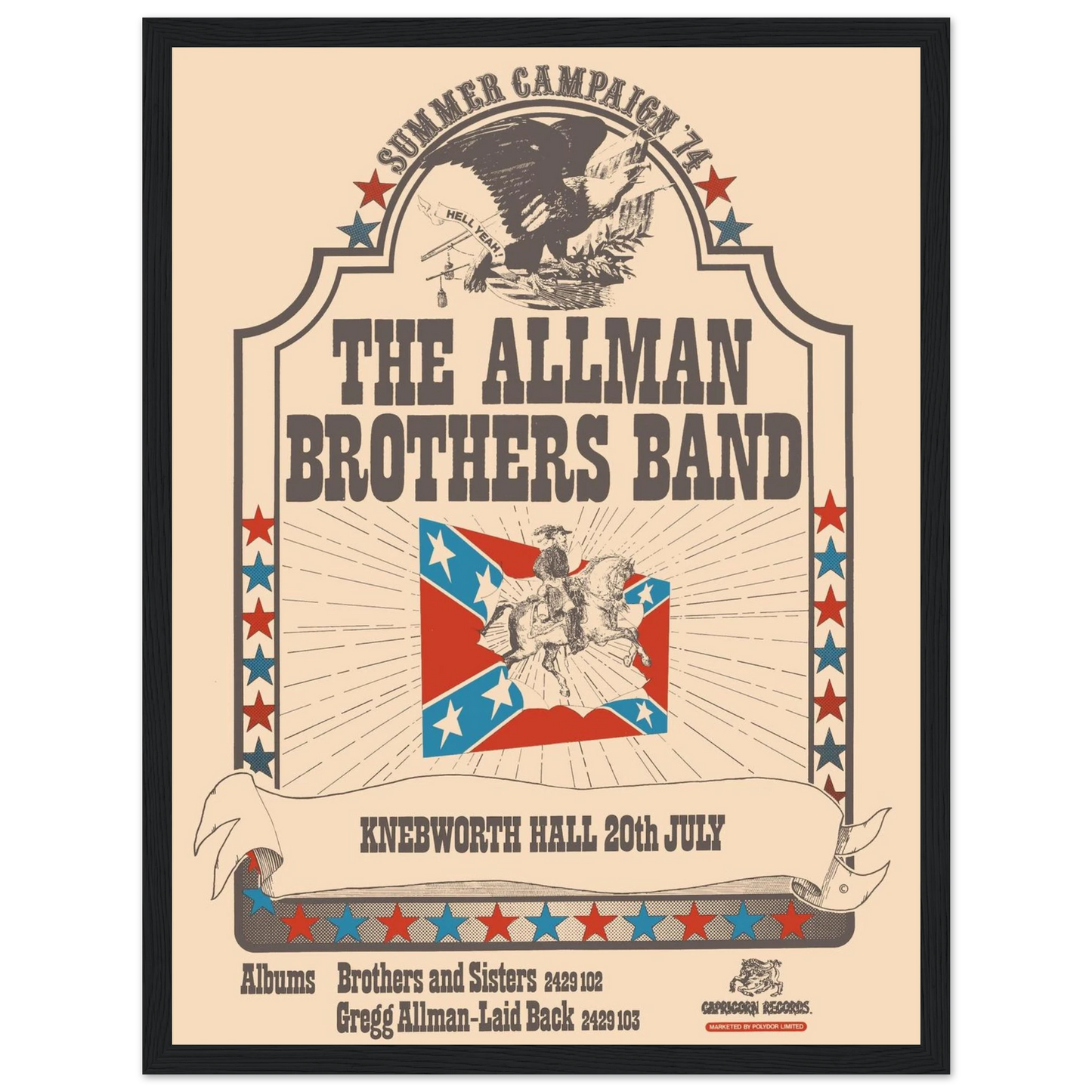 This Allman Brothers Band concert poster features bold vintage design elements associated with the early era of Southern rock, including the Confederate flag, reflecting the band’s historical branding. While the symbol is controversial today, it once formed part of the band’s iconography during the 60s and 70s music scene. This retro-style poster is a piece of rock history, appealing to fans of the Allman Brothers, Southern rock collectors, and those documenting the cultural legacy of American music. Displa
