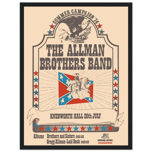 This Allman Brothers Band concert poster features bold vintage design elements associated with the early era of Southern rock, including the Confederate flag, reflecting the band’s historical branding. While the symbol is controversial today, it once formed part of the band’s iconography during the 60s and 70s music scene. This retro-style poster is a piece of rock history, appealing to fans of the Allman Brothers, Southern rock collectors, and those documenting the cultural legacy of American music. Displa
