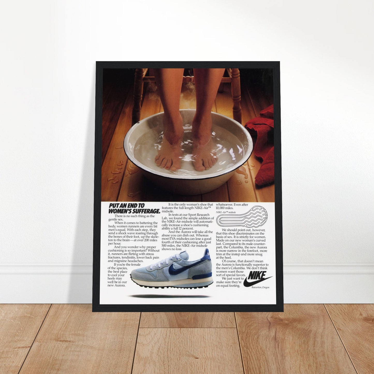 Classic Nike Running vintage ad poster featuring iconic retro sneakers. Perfect for sneakerheads, collectors & sports fans. Shop now for timeless wall art!