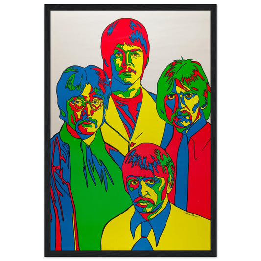 Shop a vibrant Beatles poster featuring John Lennon, Paul McCartney, George Harrison & Ringo Starr in bold colors. A must-have for Beatles fans & collectors!