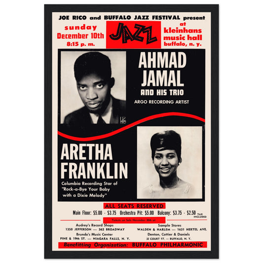 Experience the magic of jazz and soul with this Ahmad Jamal & Aretha Franklin concert poster, celebrating two of the most iconic musicians in history. Featuring vintage jazz aesthetics, soulful design, and a tribute to timeless performances, this poster is a must-have for music collectors, jazz enthusiasts, and lovers of classic R&B. Perfect for home decor, studios, or music spaces, this historic jazz print captures the spirit of an unforgettable era. Order now and own a piece of jazz history!