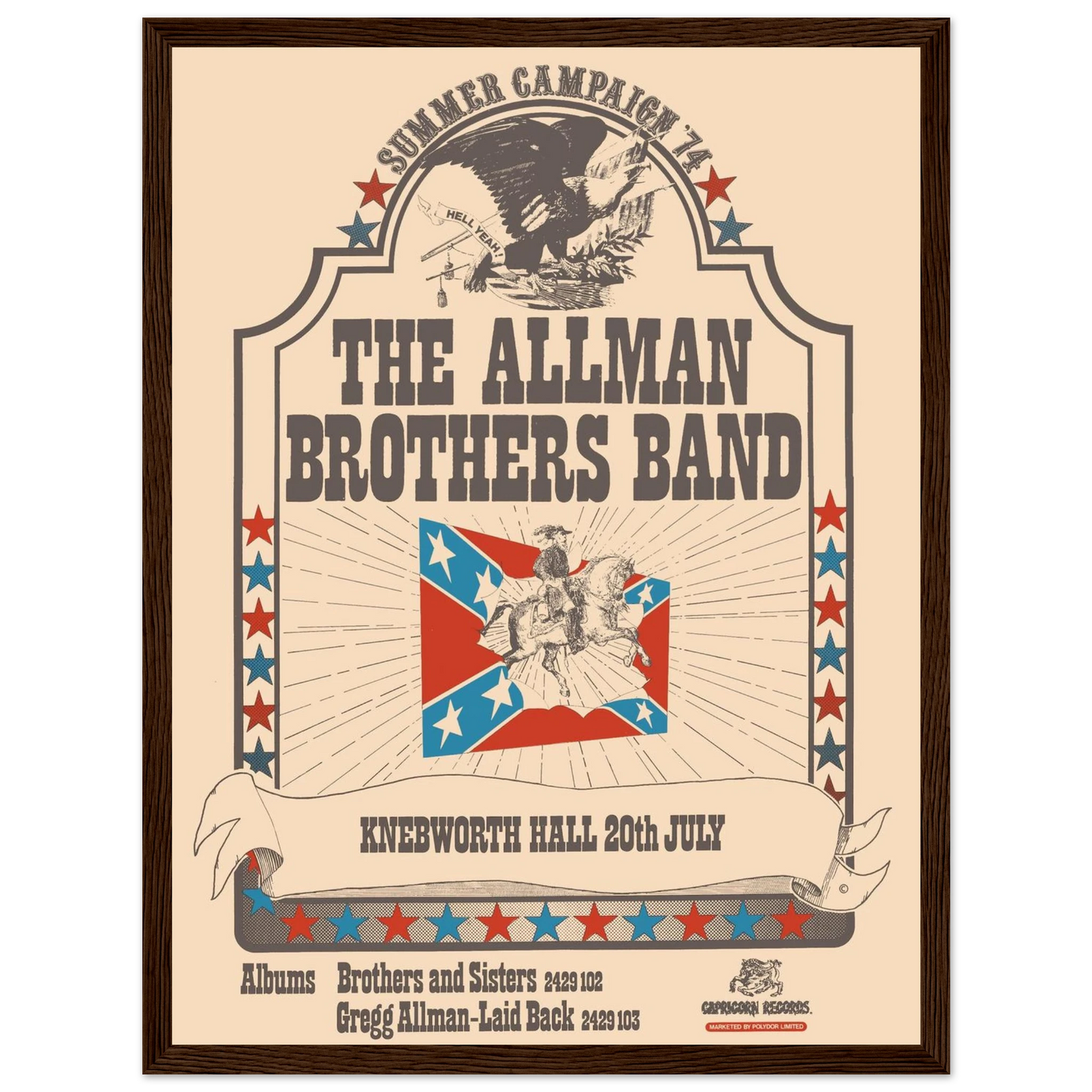 1970s rock art poster of the Allman Brothers Band, celebrating their influence on American blues and Southern rock culture