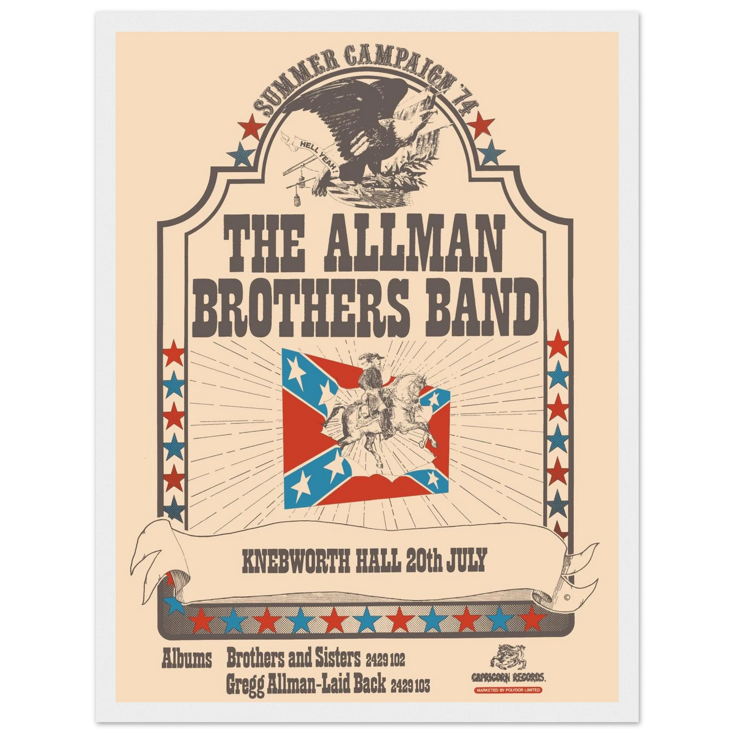 Vintage Allman Brothers Band concert poster celebrating the early era of Southern rock, featuring bold typography and classic 1970s design.