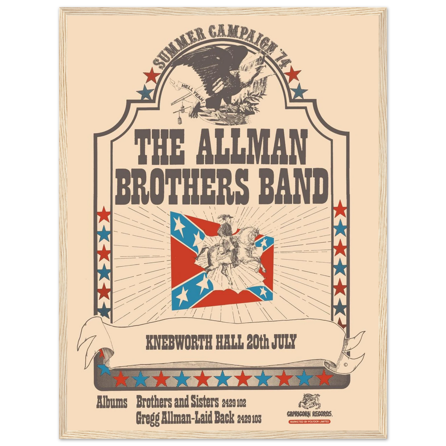Music heritage poster honoring the Allman Brothers Band, an essential piece for collectors of vintage American rock memorabilia.