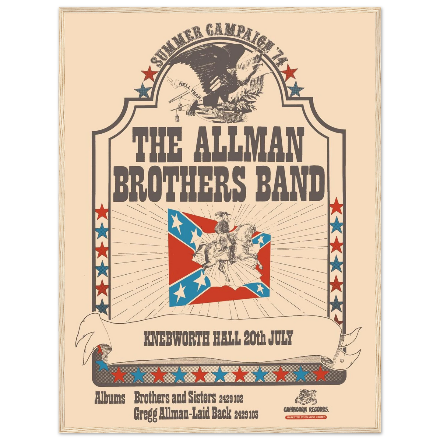 Southern rock poster featuring the Allman Brothers Band, capturing the retro concert style and musical legacy of 1970s American rock.
