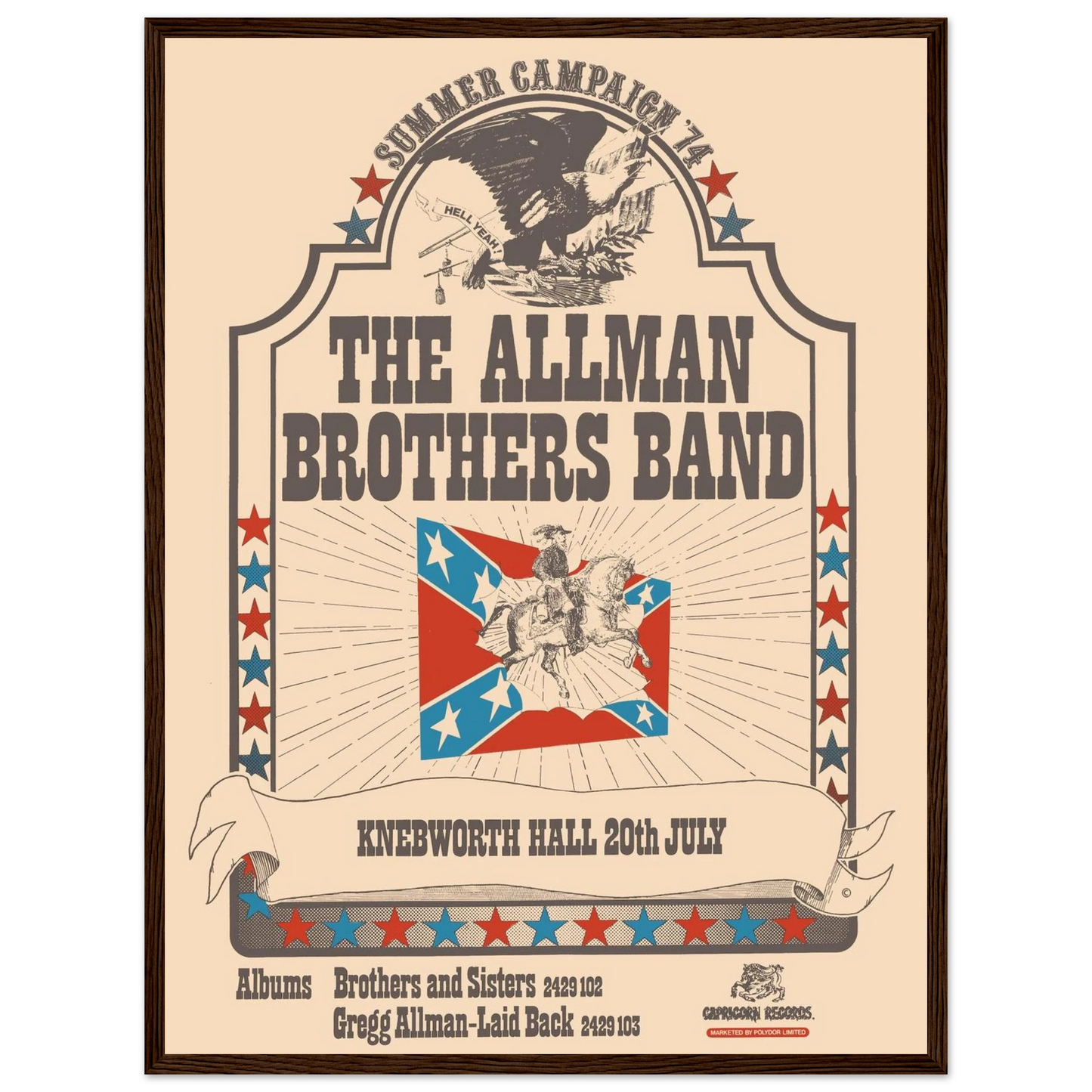 Vintage concert print of the Allman Brothers Band, reflecting the energy, sound, and history of the classic Southern rock movement.