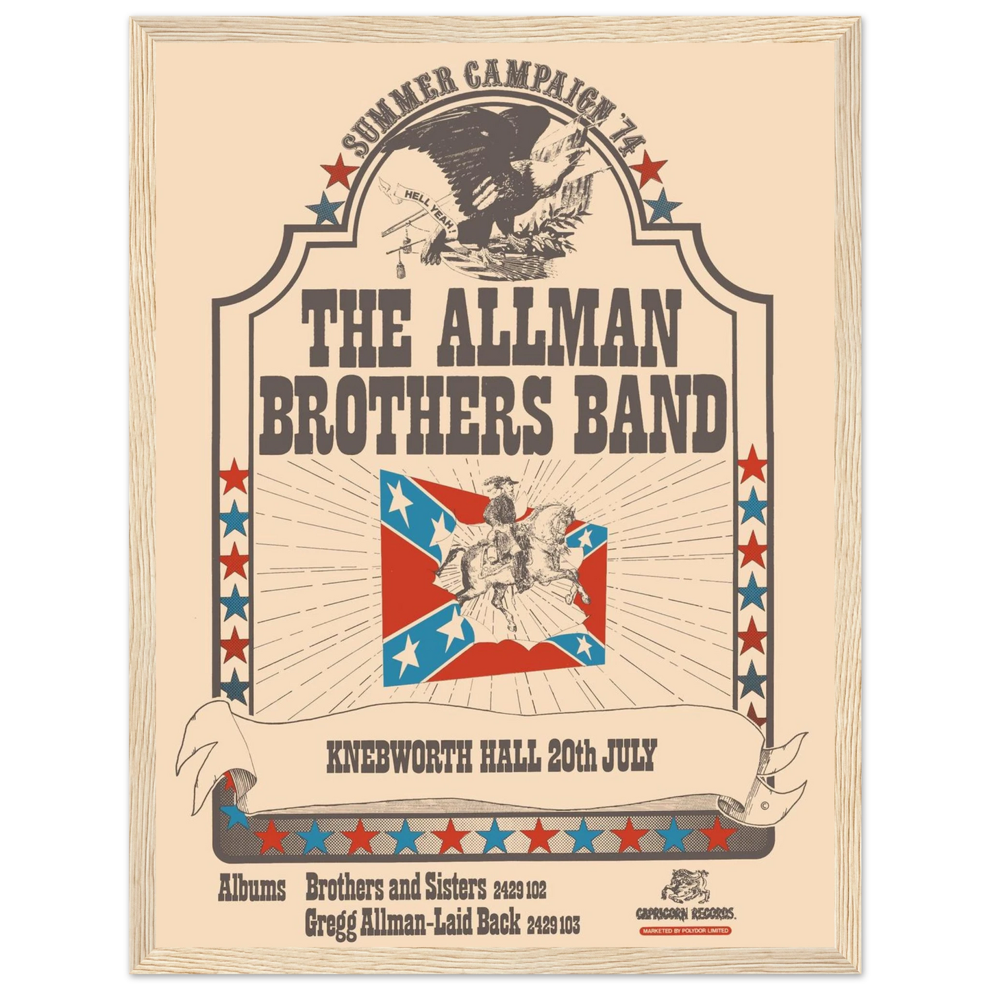 Vintage rock wall art print featuring the Allman Brothers Band, perfect for music fans and collectors of classic 70s concert posters.