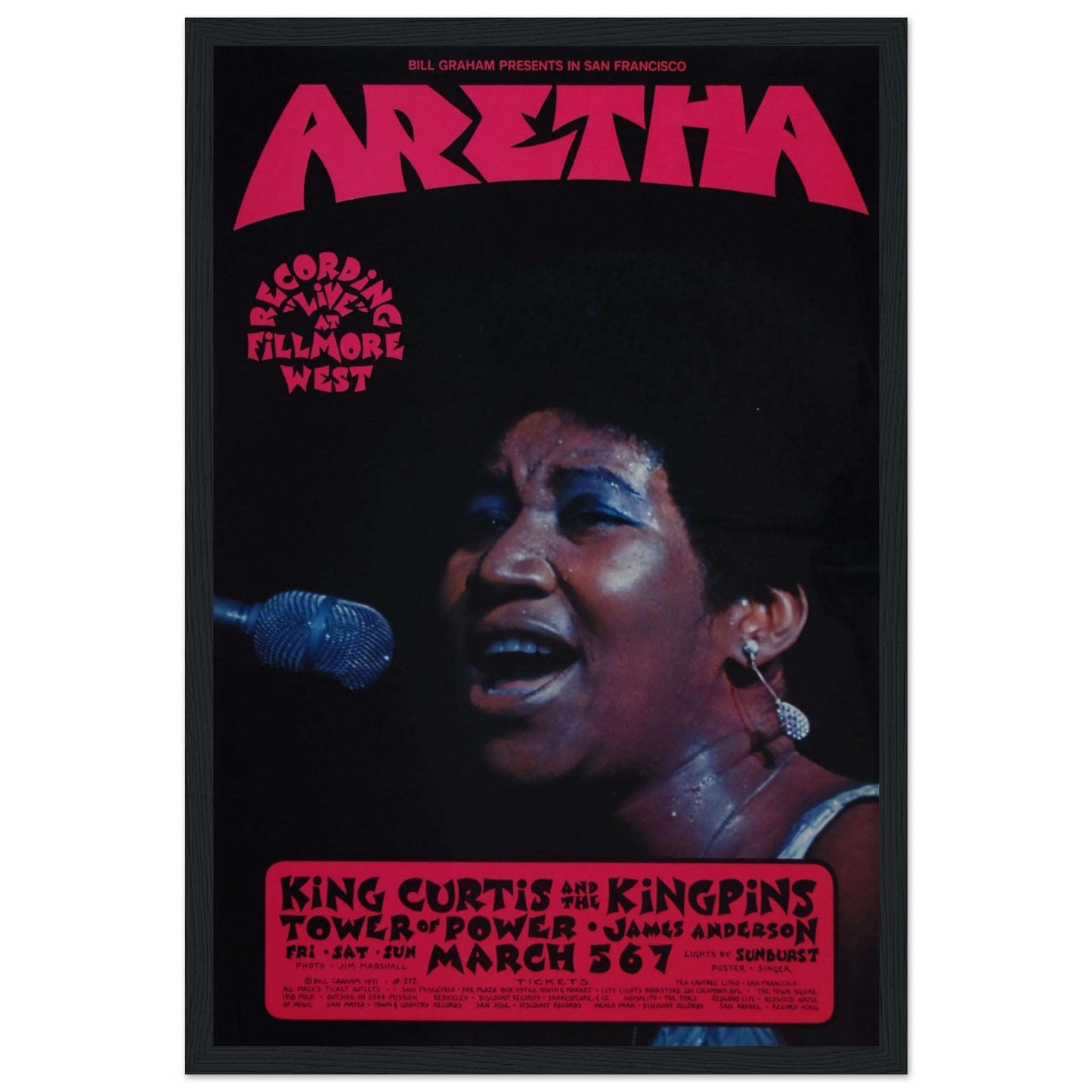 Celebrate the Queen of Soul with this Aretha Franklin Fillmore 1971 concert poster from the iconic Bill Graham series (BG272). Featuring stunning vintage artwork from her legendary performances at Fillmore West, this high-quality reproduction is perfect for soul and R&B fans, collectors, and lovers of classic concert memorabilia. Whether for a music room, office, or home decor, this Aretha Franklin poster embodies the power and grace of one of music’s greatest voices. A must-have for vintage concert art ent