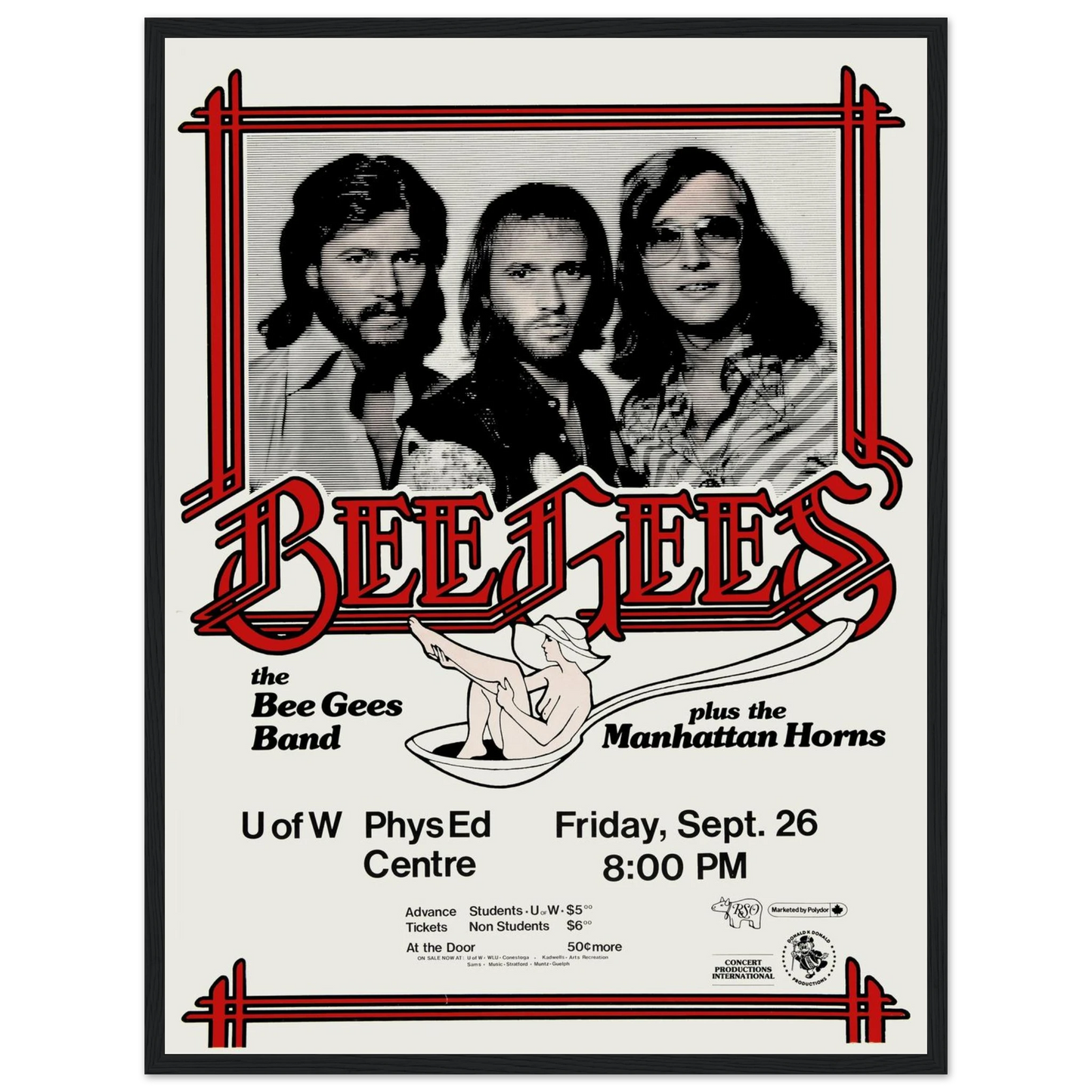 1970s music poster print of the Bee Gees, showcasing vibrant retro graphics and classic concert-style typography for fans of disco nostalgia