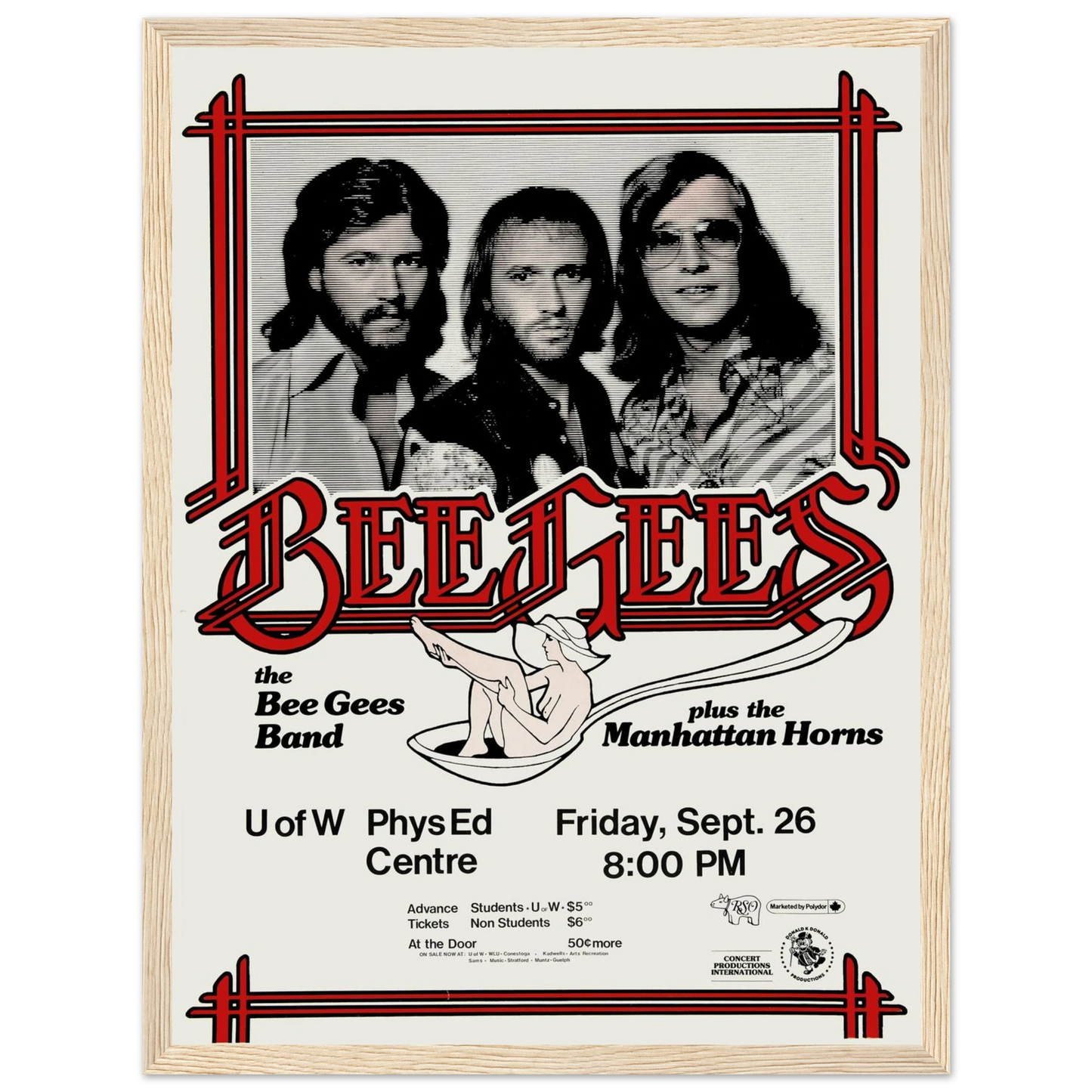 Classic rock and disco poster of the Bee Gees, a high-quality reproduction evoking the energy and glamour of vintage live performances.