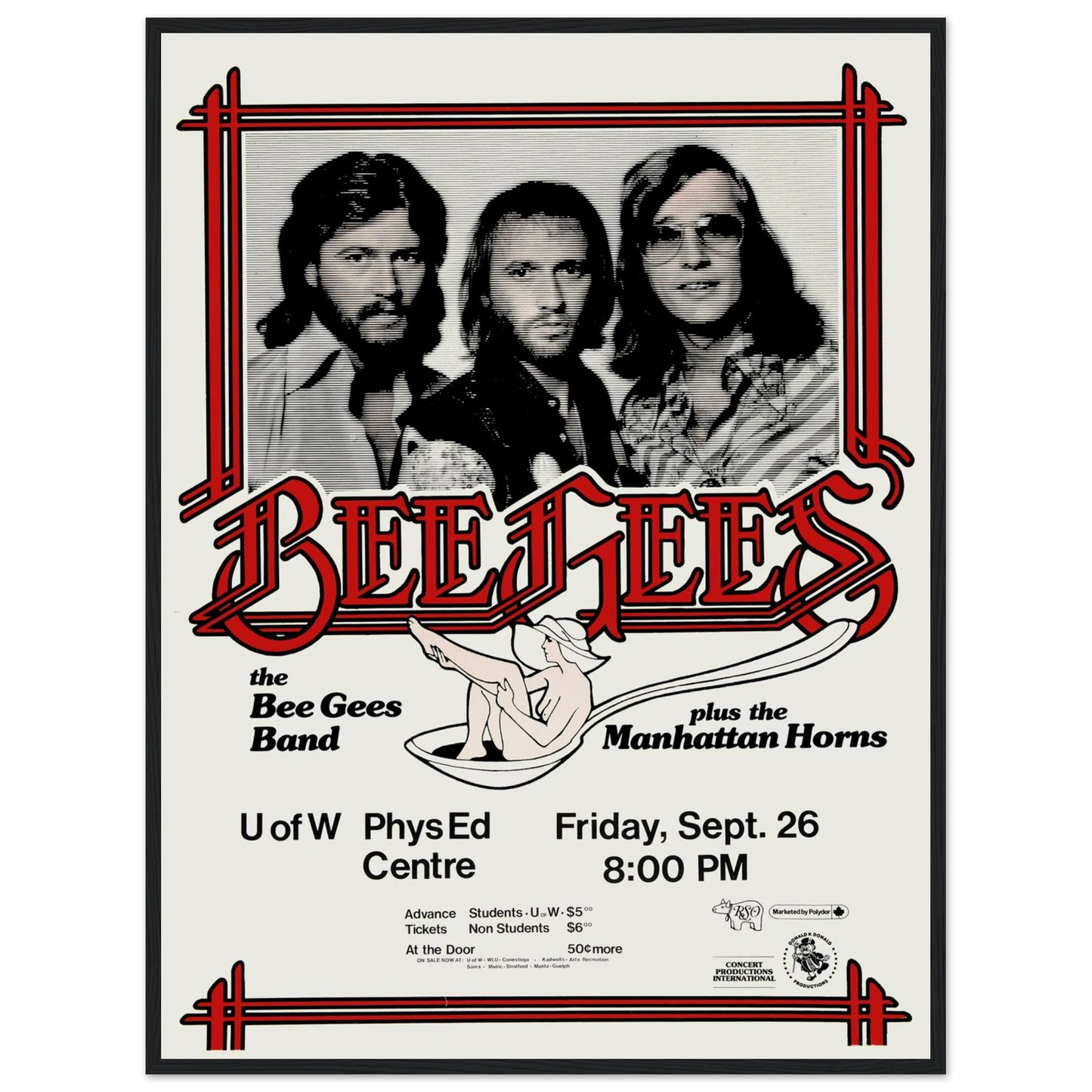 Disco-era art print of the Bee Gees, highlighting the iconic look and feel of 1970s pop culture in collectible poster form.