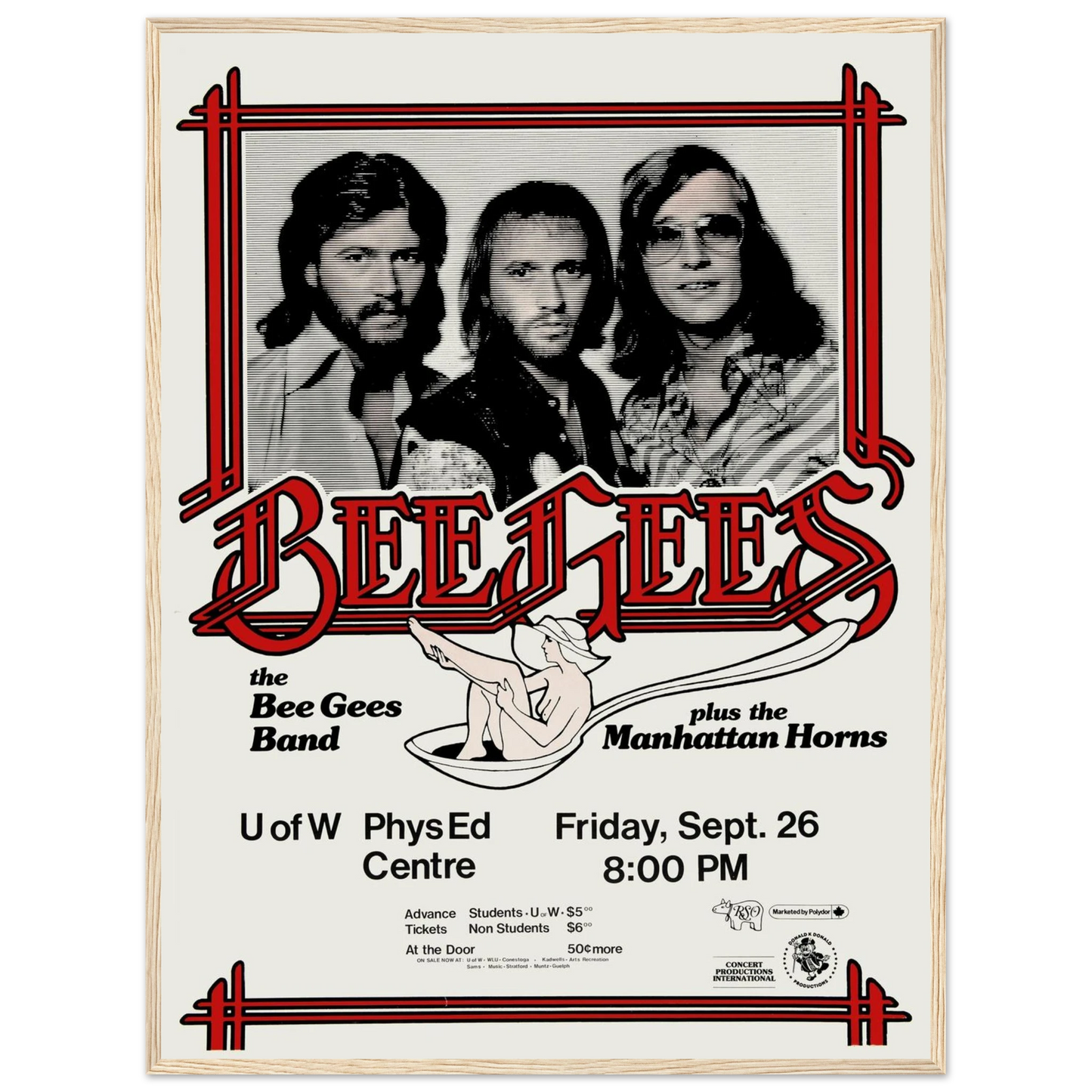 Pop culture wall decor inspired by the Bee Gees’ vintage concert posters, ideal for home bars, music rooms, or retro-inspired interiors.