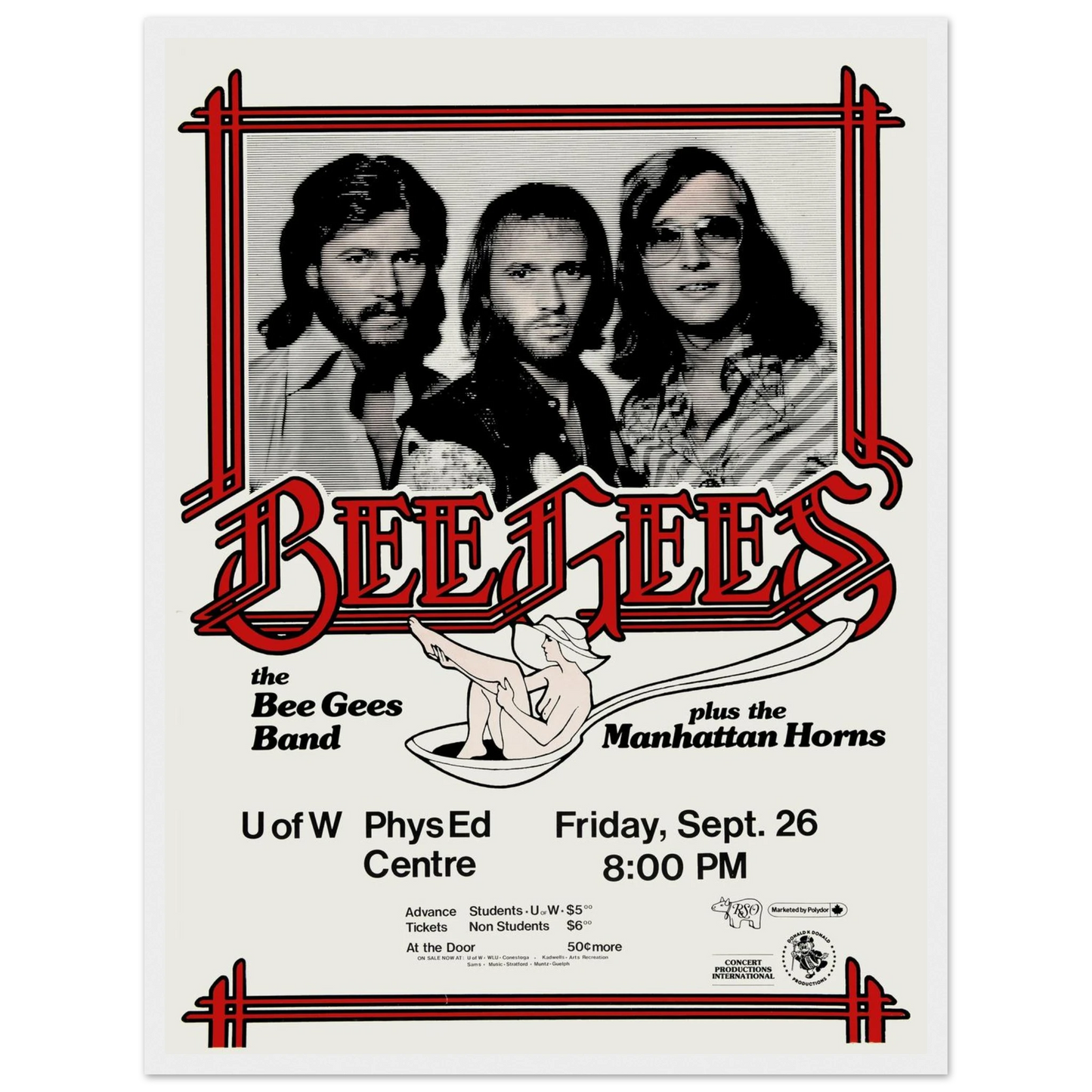Retro wall art featuring the Bee Gees in vintage concert poster style, a perfect statement piece for music lovers and 70s decor enthusiasts
