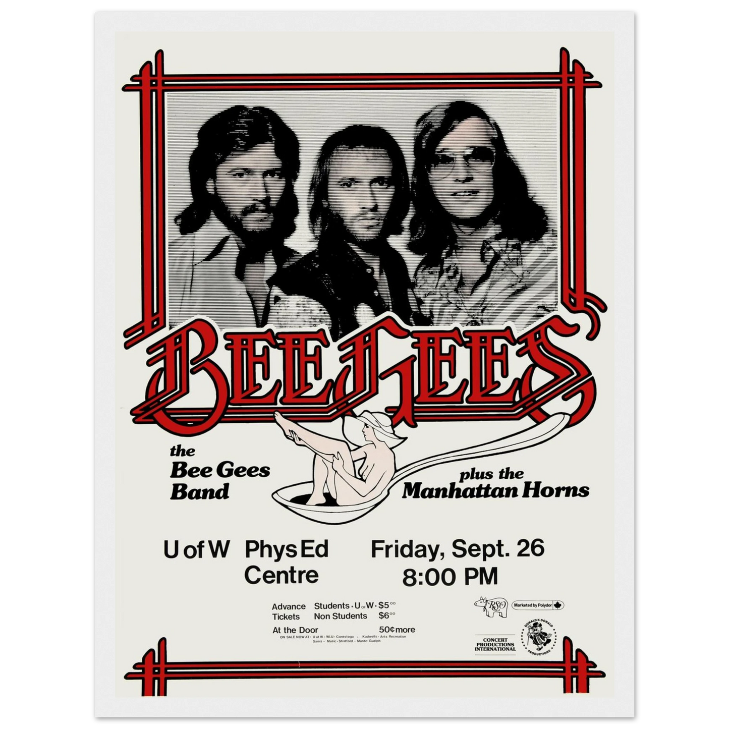 Vintage Bee Gees concert poster featuring bold 1970s design and disco-era energy, celebrating the legendary pop trio’s golden years.