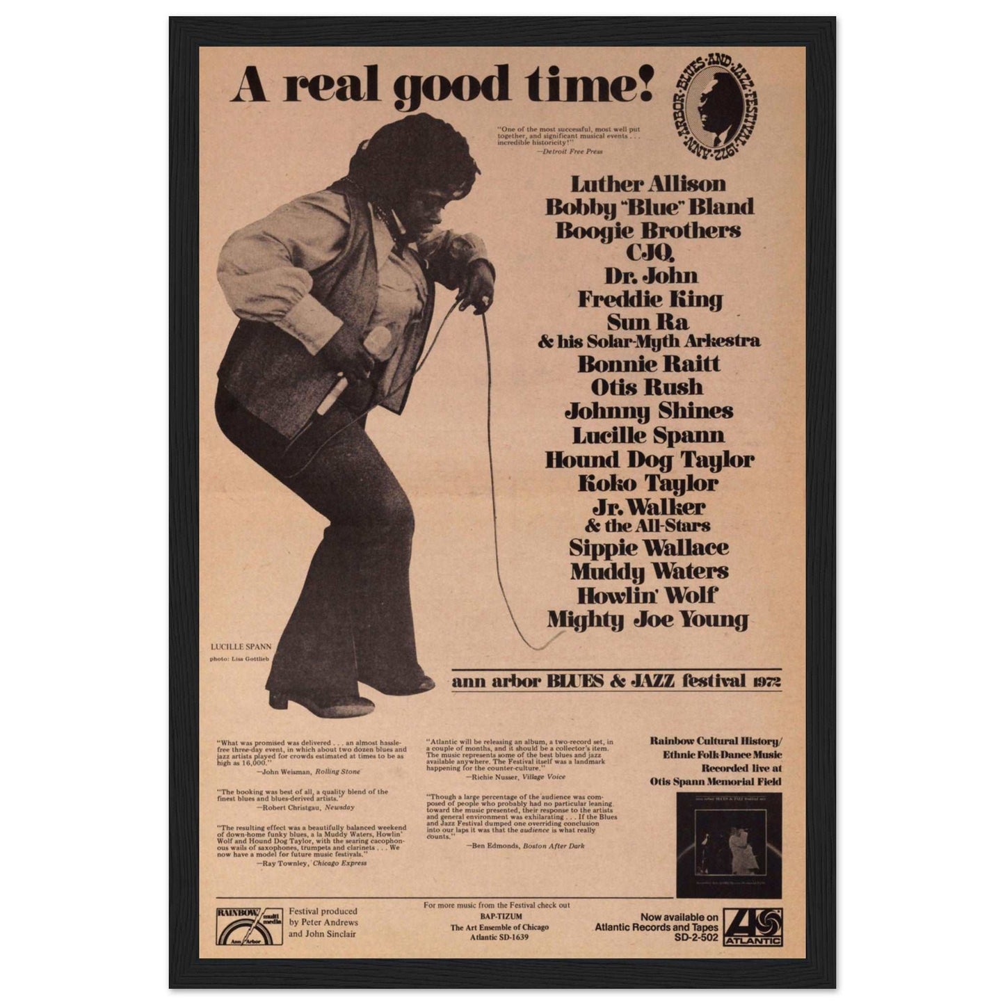 Step back in time with this vintage Blues & Jazz Festival poster, capturing the essence of an unforgettable event featuring legendary Blues and Jazz performances. This iconic print celebrates the best in live music history, perfect for music fans, collectors, and anyone who appreciates the soul of Blues and Jazz. Ideal for adding rich musical heritage to your home or office decor.