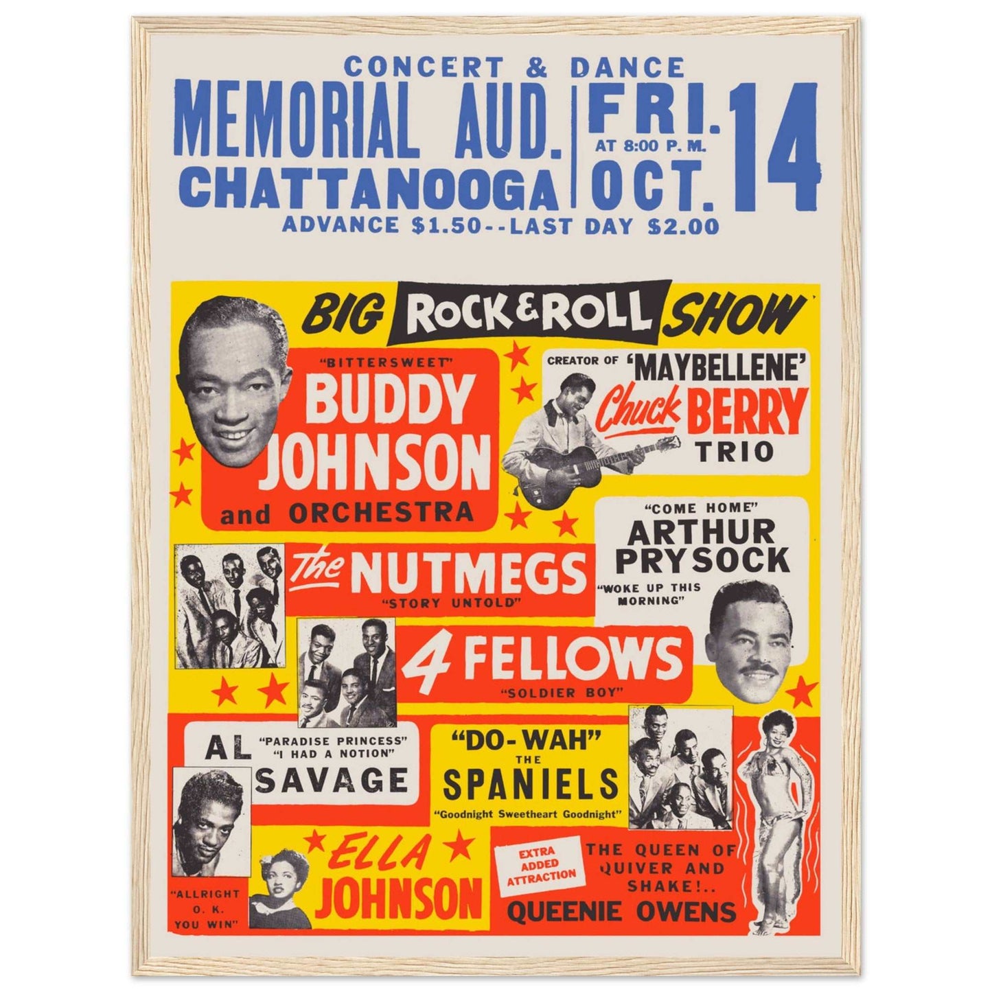 Retro Buddy Johnson and Orchestra concert poster with vibrant colors, featuring The Spaniels, The Nutmegs, and Chuck Berry Trio.
