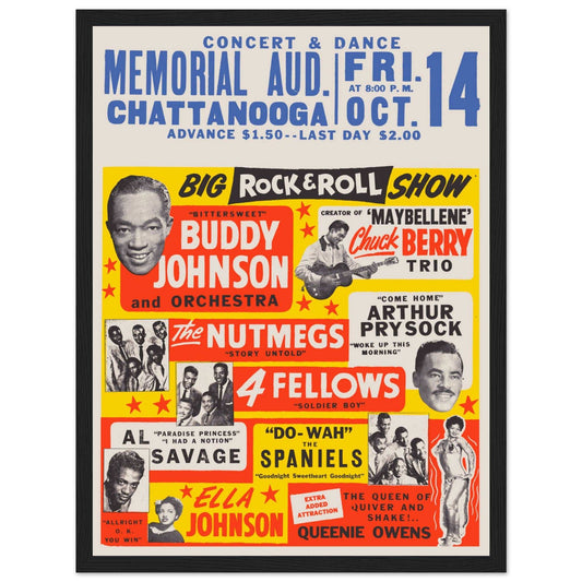 Historic 1955 Rock and Roll concert poster from Chattanooga’s Memorial Auditorium, featuring Chuck Berry. A rare piece of music history and vintage memorabilia.