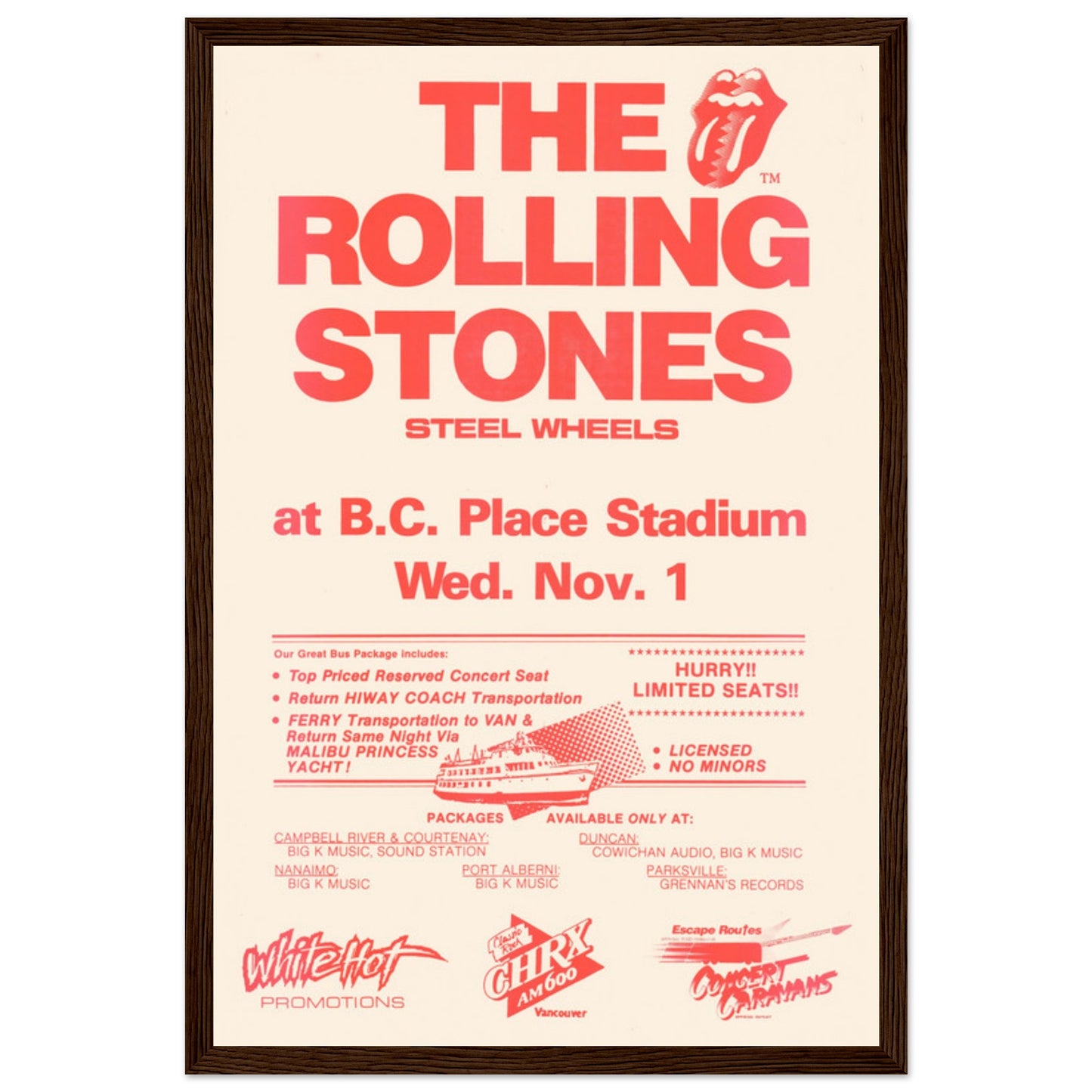 Classic rock wall art featuring The Rolling Stones Steel Wheels tour 1989 poster design with retro concert typography.