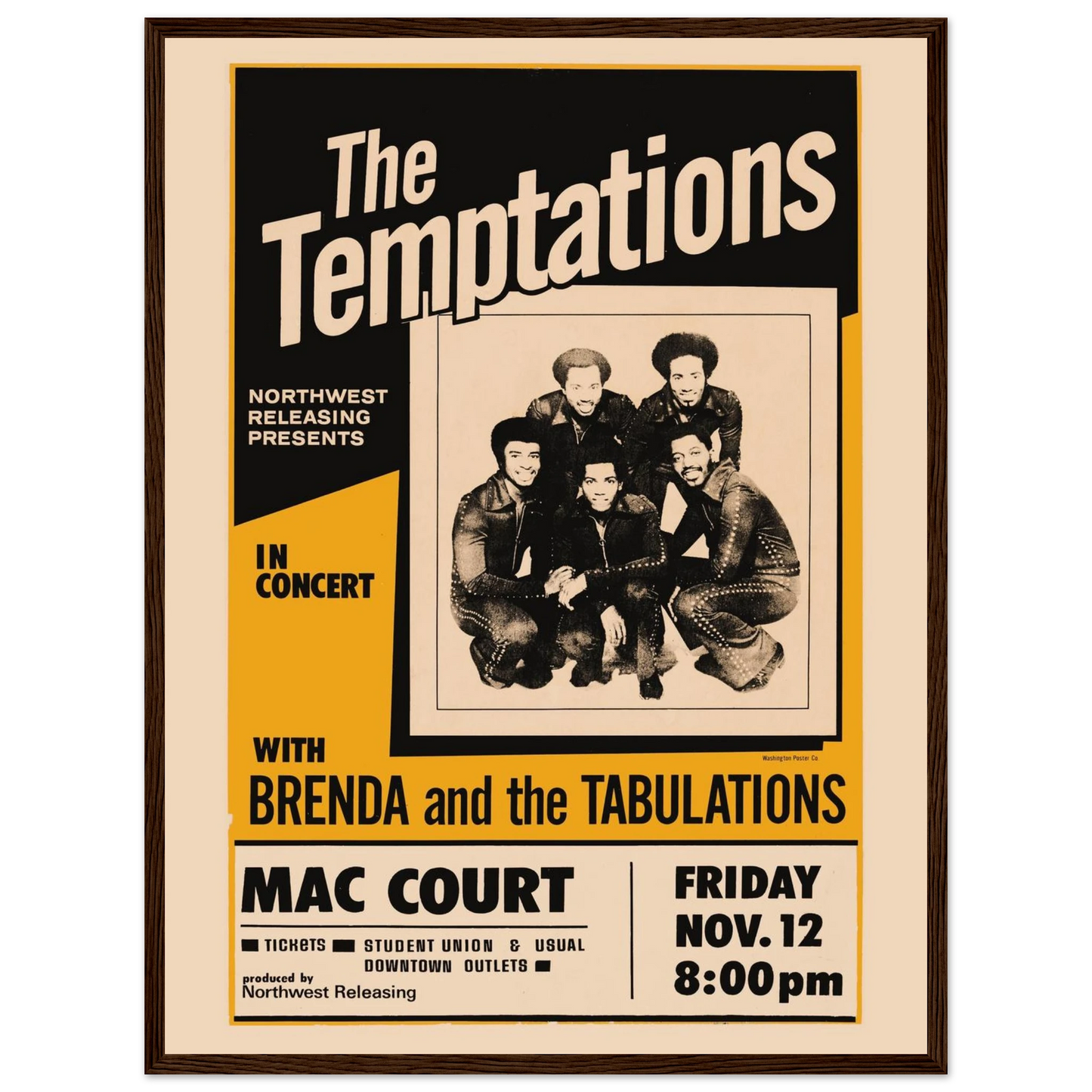 Classic soul music poster featuring The Temptations, blending mid-century concert style with nostalgic Motown flair.