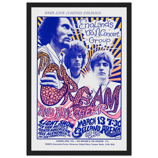 Iconic Cream concert poster, celebrating the legendary band's live performance. Perfect for collectors, rock fans & vintage music memorabilia. Shop now