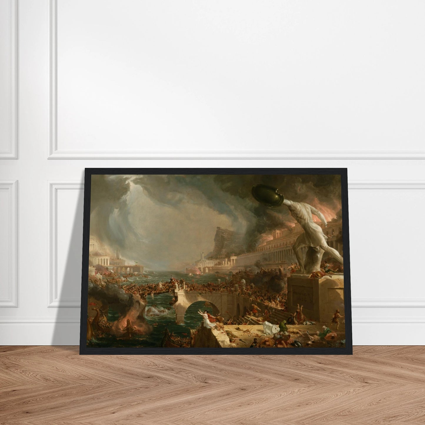 This high-quality reproduction print of The Course of Empire: Destruction (1836) by Thomas Cole depicts the violent fall of an empire, inspired by the grandeur and decline of civilizations like ancient Rome. The scene shows a city in flames, overwhelmed by chaos, symbolizing the collapse of imperial power and the consequences of unchecked ambition. Part of Cole’s iconic Course of Empire series, this dramatic image is printed on archival-grade paper using museum-quality giclée printing. Perfect as fall of em