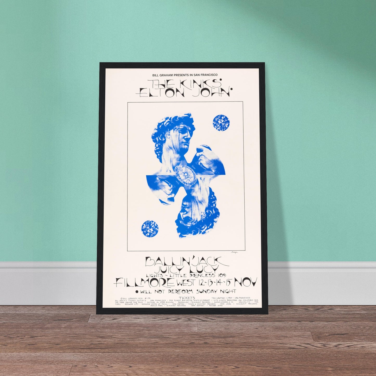 Unique The Kinks concert poster featuring a Michelangelo-inspired "Dad" design. Retro rock wall art for music lovers & collectors.