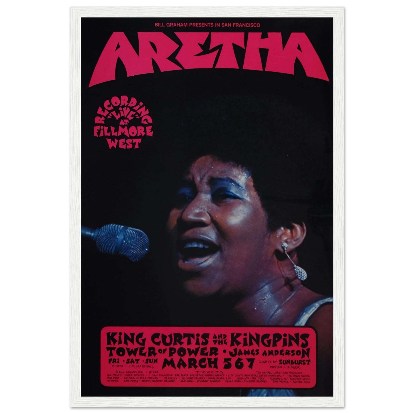 Celebrate the Queen of Soul with this Aretha Franklin Fillmore 1971 concert poster from the iconic Bill Graham series (BG272). Featuring stunning vintage artwork from her legendary performances at Fillmore West, this high-quality reproduction is perfect for soul and R&B fans, collectors, and lovers of classic concert memorabilia. Whether for a music room, office, or home decor, this Aretha Franklin poster embodies the power and grace of one of music’s greatest voices. A must-have for vintage concert art ent