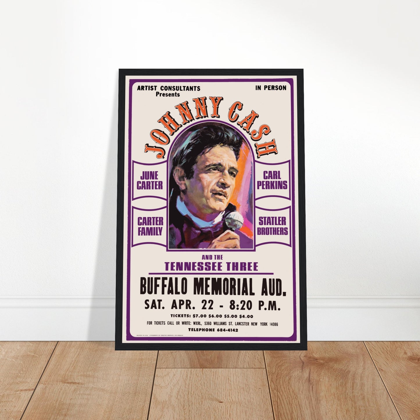 Classic Johnny Cash Buffalo NY concert poster with vintage design. Perfect for collectors, country music fans, and retro wall decor lovers.
