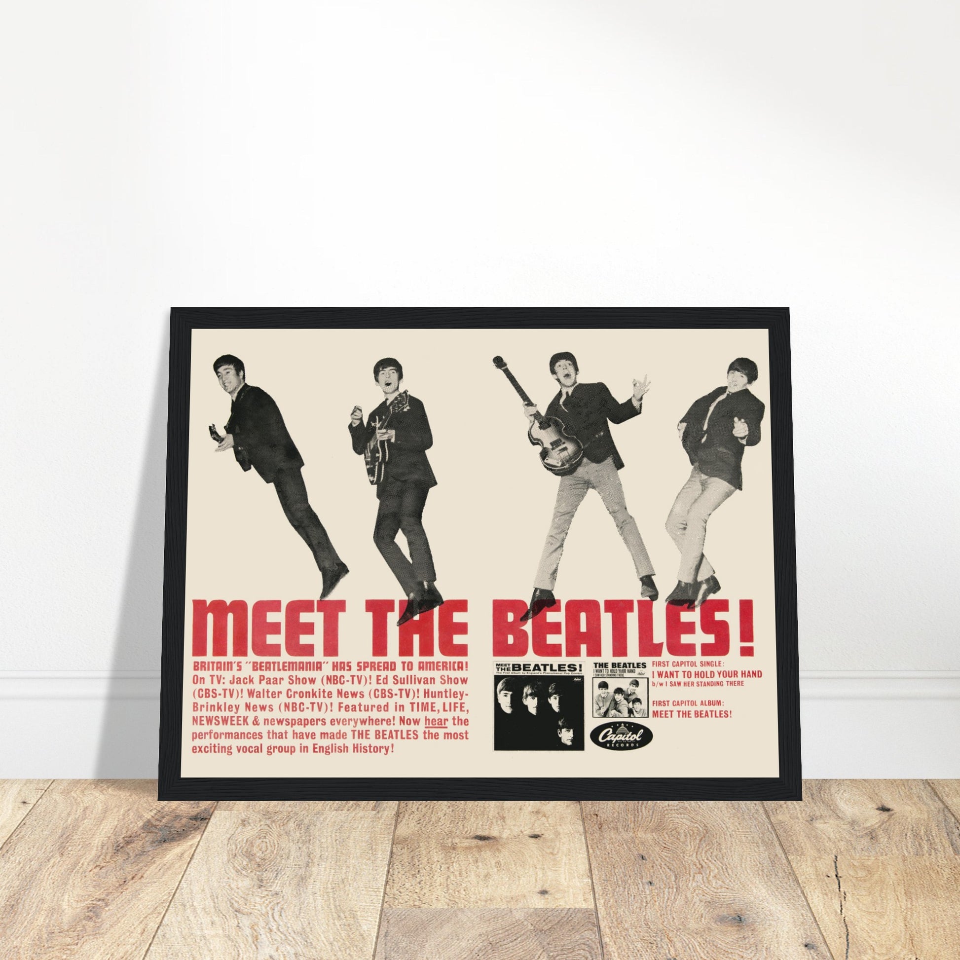 Own a piece of music history with this Meet The Beatles poster, inspired by the legendary Fab Four’s first U.S. album. Featuring an iconic black-and-white portrait of John, Paul, George, and Ringo, this vintage rock print is perfect for classic rock fans, collectors, and Beatles memorabilia enthusiasts. Whether you're decorating a music room, office, or home, this The Beatles wall art adds a timeless touch of rock nostalgia to any space.