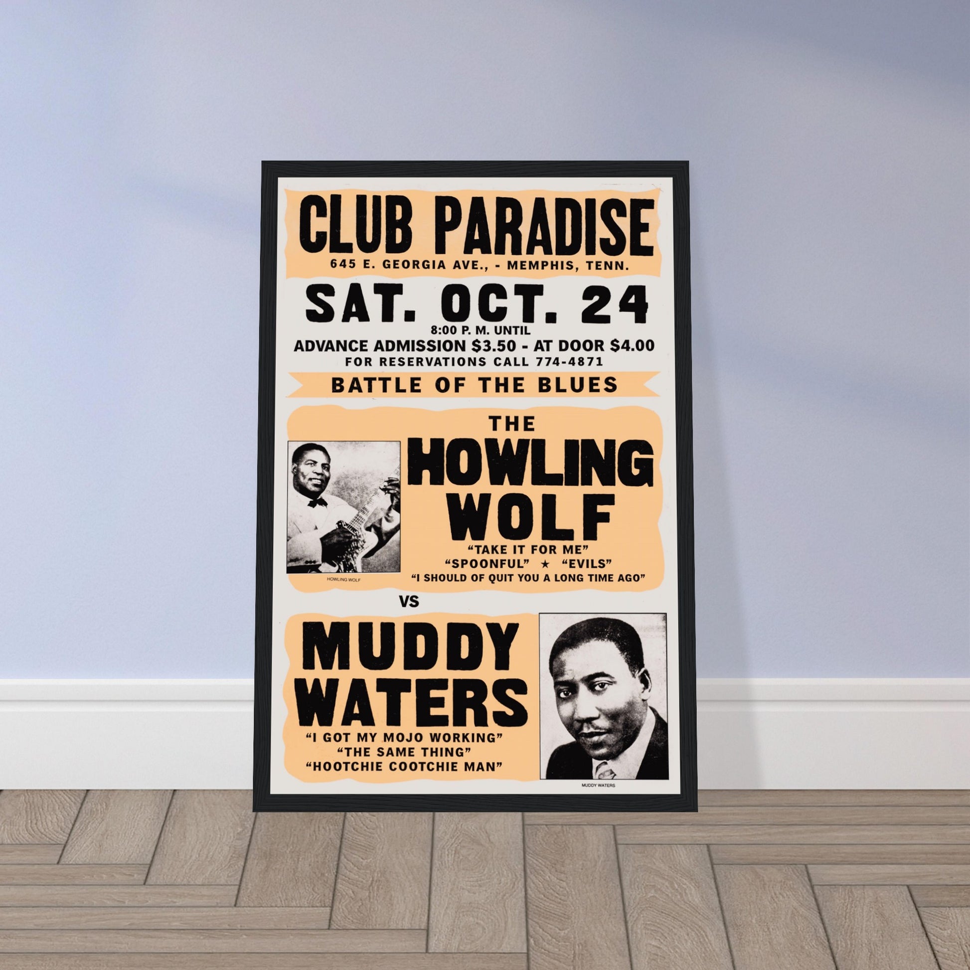 Iconic Howlin’ Wolf & Muddy Waters concert poster, a must-have for blues fans & collectors. Own a piece of music history with this vintage-style wall art!