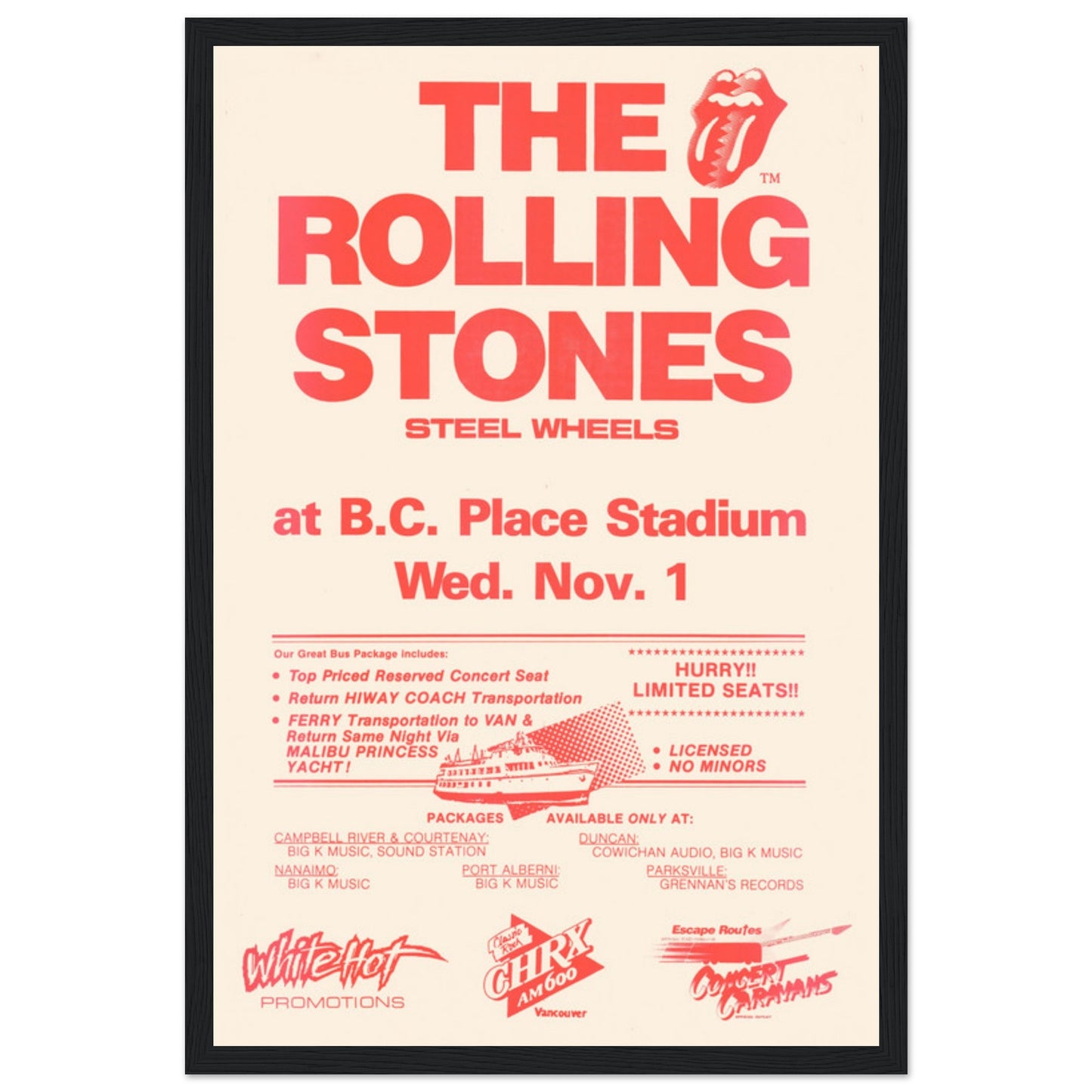 Iconic Rolling Stones 1989 concert poster from their BC Place Stadium show. Perfect for rock fans, collectors, and vintage music decor lovers.