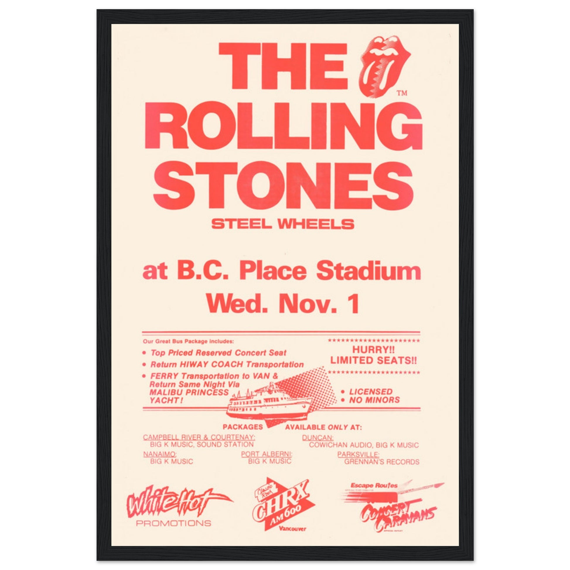 Iconic Rolling Stones 1989 concert poster from their BC Place Stadium show. Perfect for rock fans, collectors, and vintage music decor lovers.