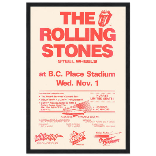 Iconic Rolling Stones 1989 concert poster from their BC Place Stadium show. Perfect for rock fans, collectors, and vintage music decor lovers.