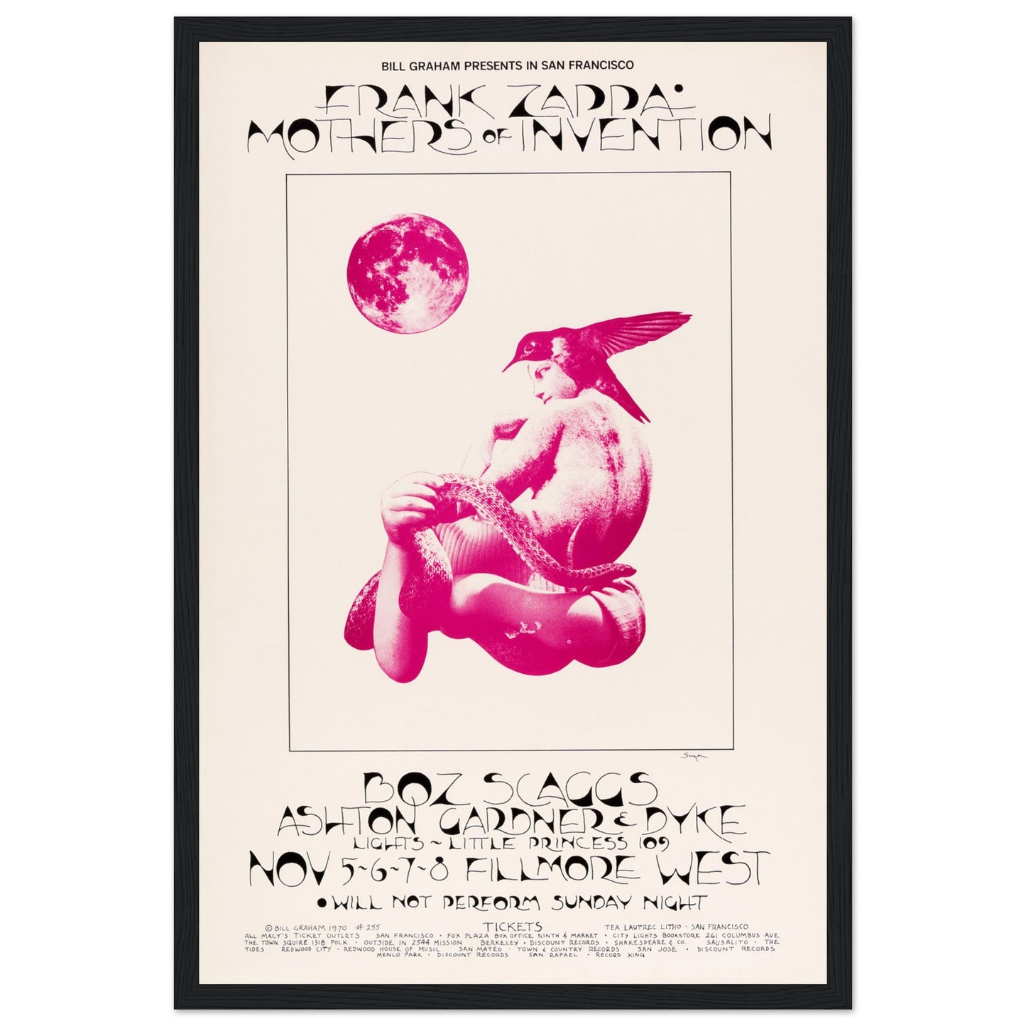 Vintage 1970 Fillmore West poster featuring Frank Zappa & The Mothers of Invention. A must-have psychedelic concert print for rock and Zappa fans!