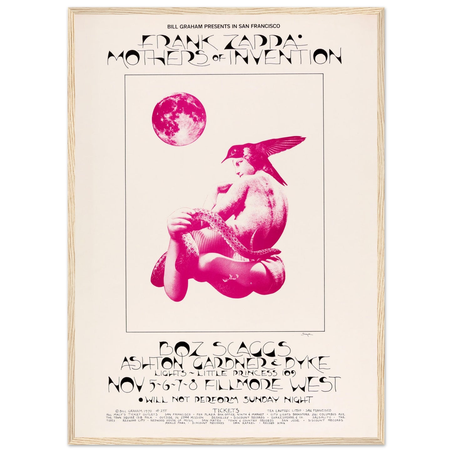 Vintage concert art print of Frank Zappa’s 1970 Fillmore West show — collectible psychedelic rock poster for music fans.