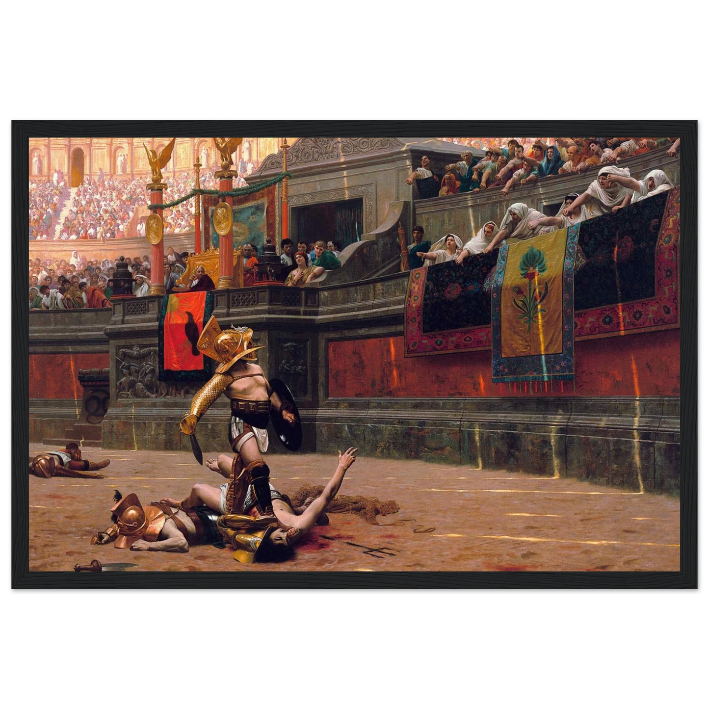 This high-quality reproduction print of Pollice Verso (1872) by Jean-Léon Gérôme captures one of the most famous gladiator battle scenes in art history. The painting depicts a victorious gladiator in the Roman Colosseum, as the crowd and emperor signal the fighter’s fate with the infamous thumbs-down gesture. Gérôme’s work is celebrated for its historical accuracy, dramatic tension, and rich detail, making it the definitive artistic vision of gladiatorial combat. Printed on archival-grade paper using museum
