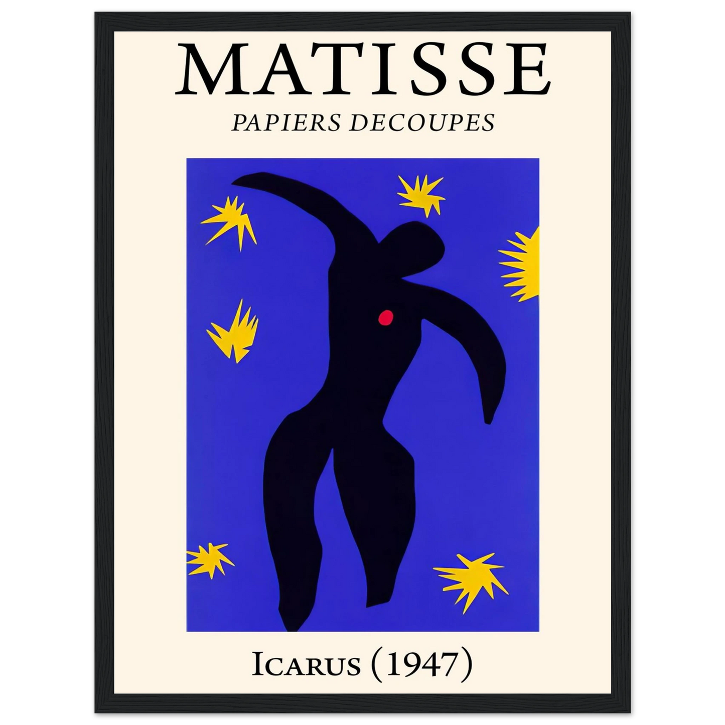 This high-quality reproduction of Icarus by Henri Matisse, from his groundbreaking Jazz series (1947), is one of the most recognizable works of modern art. Created using his signature cut-paper technique, this image shows the mythological figure of Icarus against a deep blue background, surrounded by bright yellow stars and a bold red heart—symbolizing both ambition and vulnerability. Printed on archival-grade paper, this poster print is ideal as wall art for modern interiors, creative studios, or mid-centu