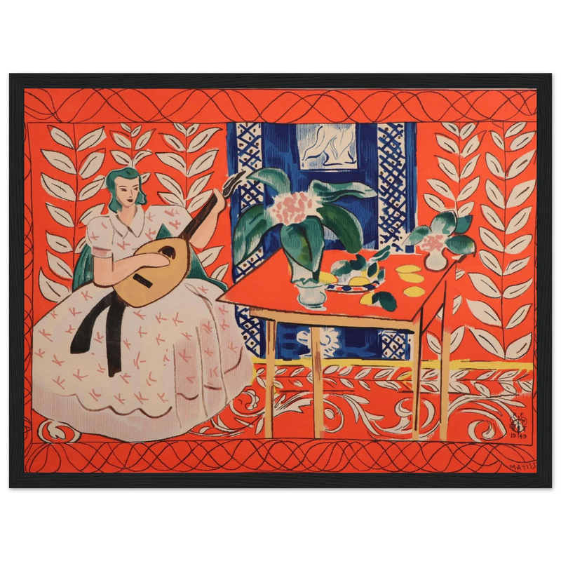 This high-quality reproduction print of Woman Playing Lute by Henri Matisse brings the artist’s signature bold color and simplified form to life. A striking example of Matisse’s later work, this piece captures a moment of calm musical intimacy, rendered with his iconic modernist clarity. Printed on archival-grade paper, this poster is perfect as wall art for creative spaces, mid-century interiors, or art-filled homes. Whether you're a Matisse enthusiast, a music lover, or a fan of vibrant, expressive design