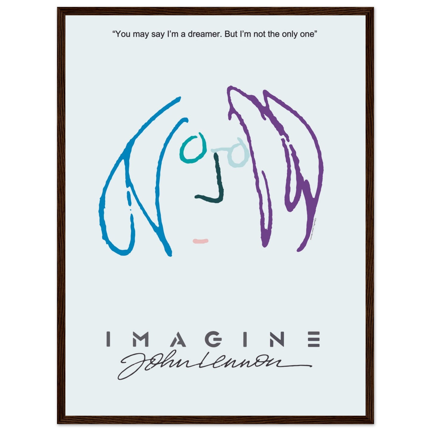 Vintage-style Imagine poster with John Lennon minimalist portrait and inspirational quote — perfect wall decor for music lovers.