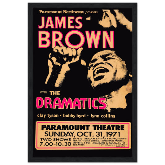 Celebrate the legendary James Brown with this 1971 concert poster, a rare piece of soul music history. Featuring the Godfather of Soul in a dynamic performance, this vintage music poster captures the essence of funk, soul, and 1970s concert culture. Ideal for James Brown fans, music memorabilia collectors, and lovers of vintage concert art, this poster adds a touch of soul and energy to any space. Order now and own a piece of iconic music history!