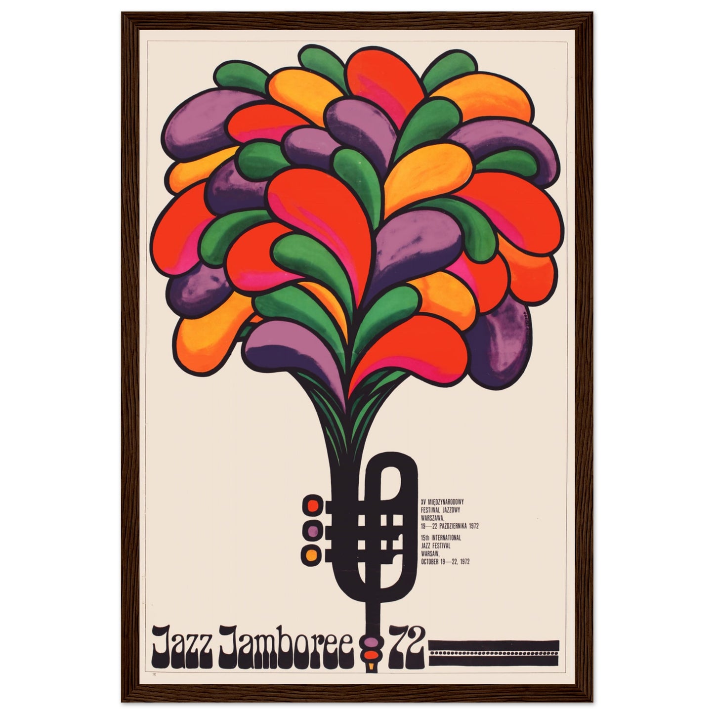Vintage modern art poster for international jazz festival 1972 — Polish design classic with vibrant psychedelic composition.