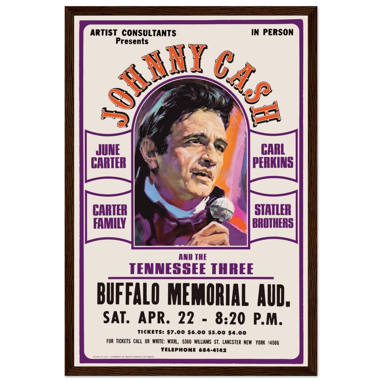 Country music poster featuring Johnny Cash in retro concert style, ideal wall art for rustic or Americana interiors.