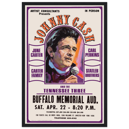 Classic Johnny Cash Buffalo NY concert poster with vintage design. Perfect for collectors, country music fans, and retro wall decor lovers.