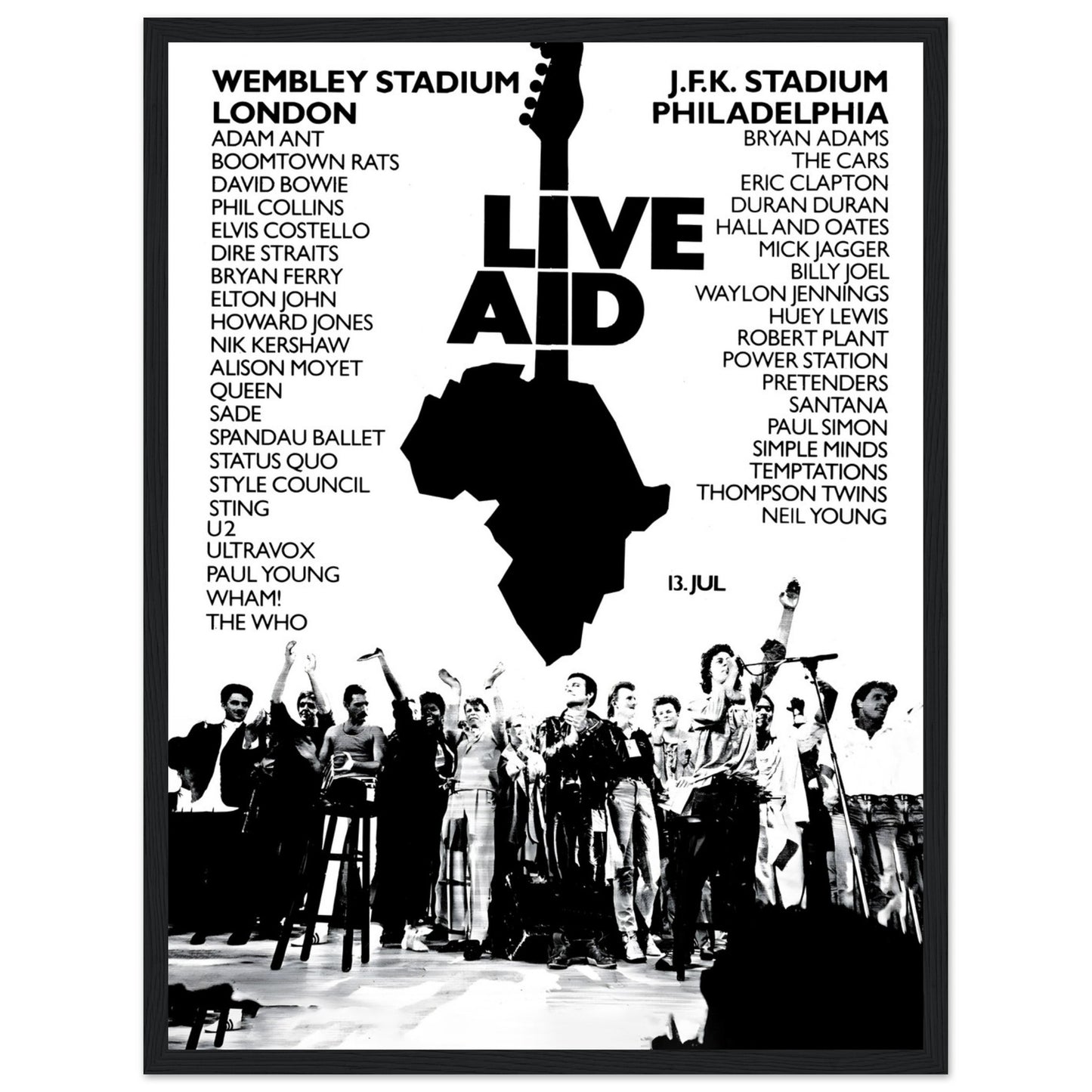 Relive the magic of Live Aid 1985, the legendary charity concert that brought together over 75 iconic acts, including Queen, U2, Madonna, Elton John, and more, to raise funds for famine relief. This vintage concert poster captures the essence of the historic event, showcasing the united power of music for a noble cause. A must-have for fans of 80s rock, music history enthusiasts, and collectors of iconic concert memorabilia. Whether displayed in a music room, living space, or office, this Live Aid 1985 post