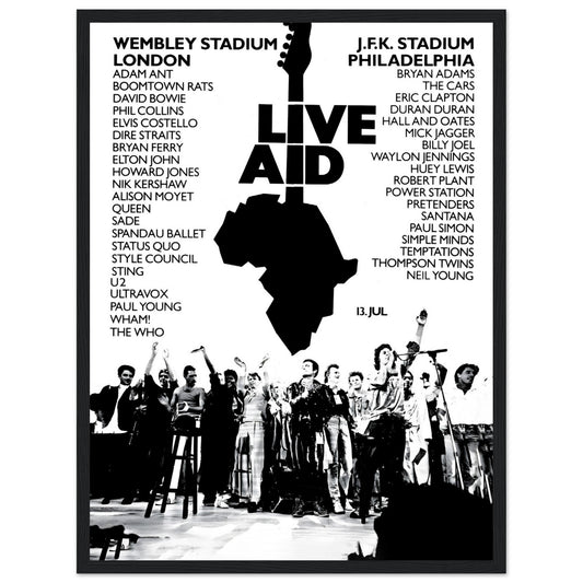 Relive the magic of Live Aid 1985, the legendary charity concert that brought together over 75 iconic acts, including Queen, U2, Madonna, Elton John, and more, to raise funds for famine relief. This vintage concert poster captures the essence of the historic event, showcasing the united power of music for a noble cause. A must-have for fans of 80s rock, music history enthusiasts, and collectors of iconic concert memorabilia. Whether displayed in a music room, living space, or office, this Live Aid 1985 post