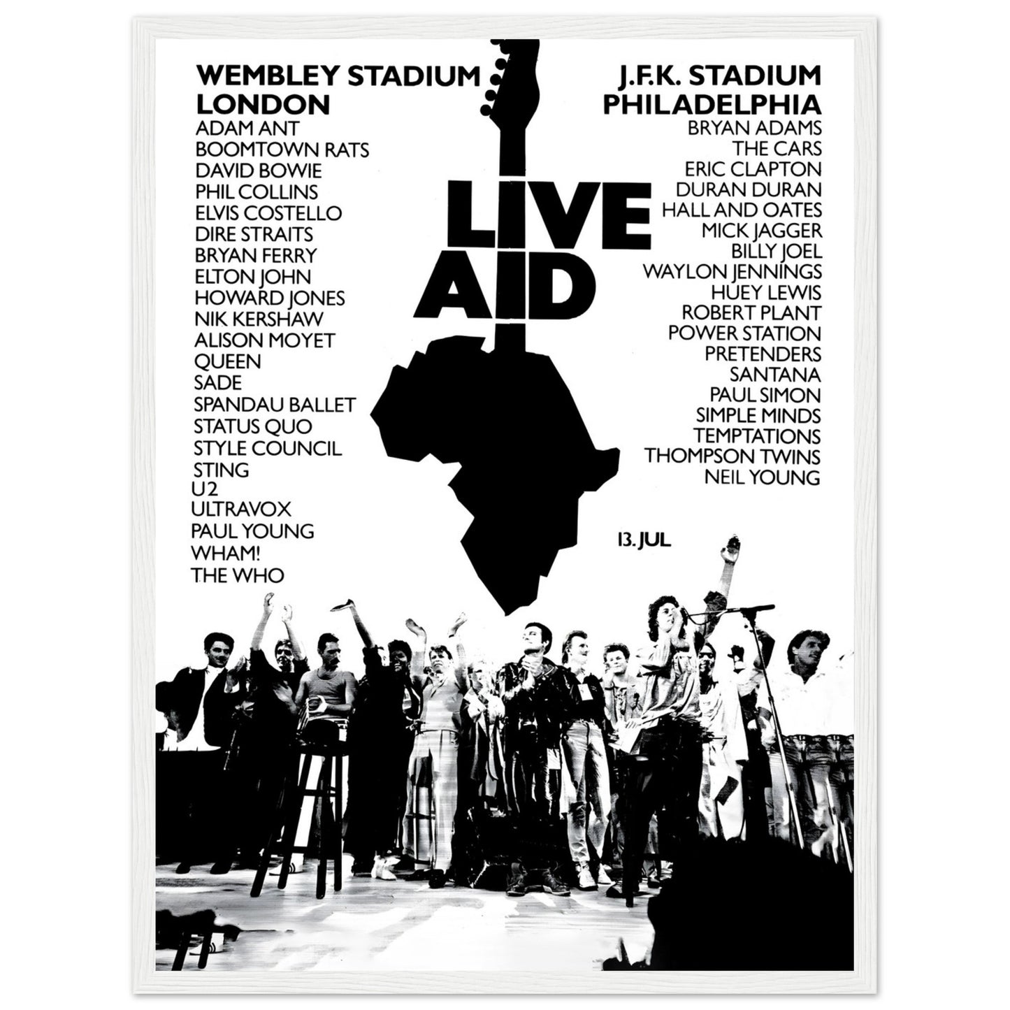 Relive the magic of Live Aid 1985, the legendary charity concert that brought together over 75 iconic acts, including Queen, U2, Madonna, Elton John, and more, to raise funds for famine relief. This vintage concert poster captures the essence of the historic event, showcasing the united power of music for a noble cause. A must-have for fans of 80s rock, music history enthusiasts, and collectors of iconic concert memorabilia. Whether displayed in a music room, living space, or office, this Live Aid 1985 post